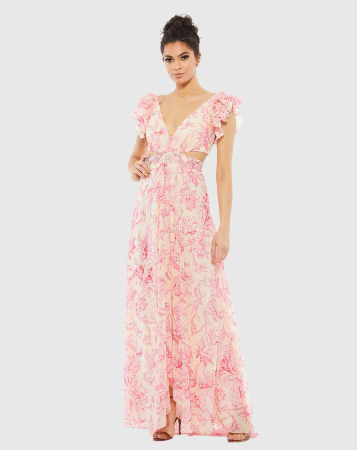 Pink Floral Printed Ruffle Shoulder Lace Up Gown