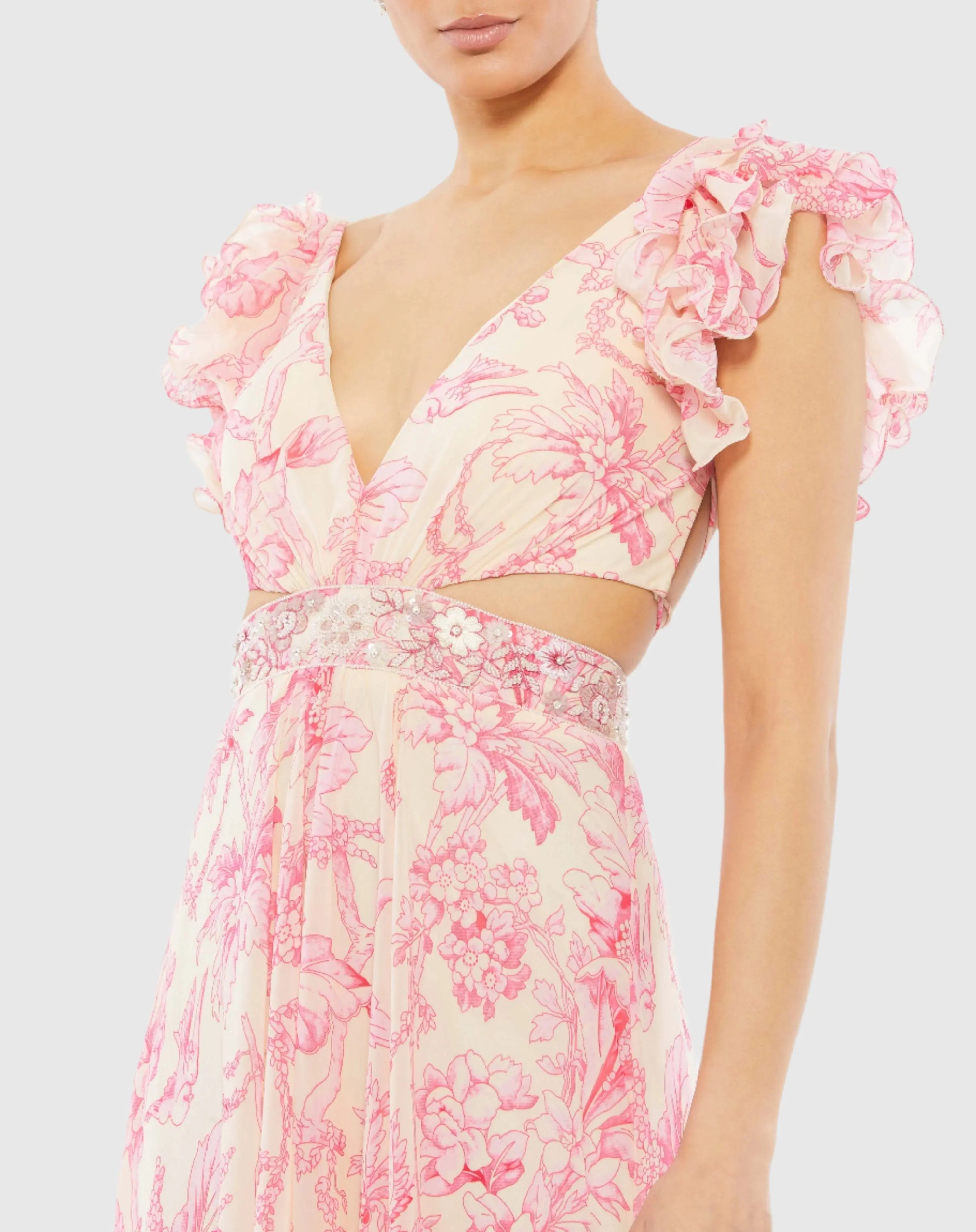 Pink Floral Printed Ruffle Shoulder Lace Up Gown