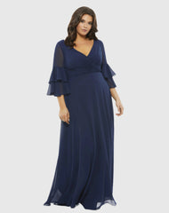 Navy Pleated Bell Sleeve Chiffon Gown (Plus)