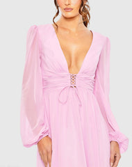 Plunge Neck Lace Up Evening Gown - FINAL SALE