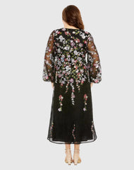 Black Puff Sleeve Embellished A Line Dress