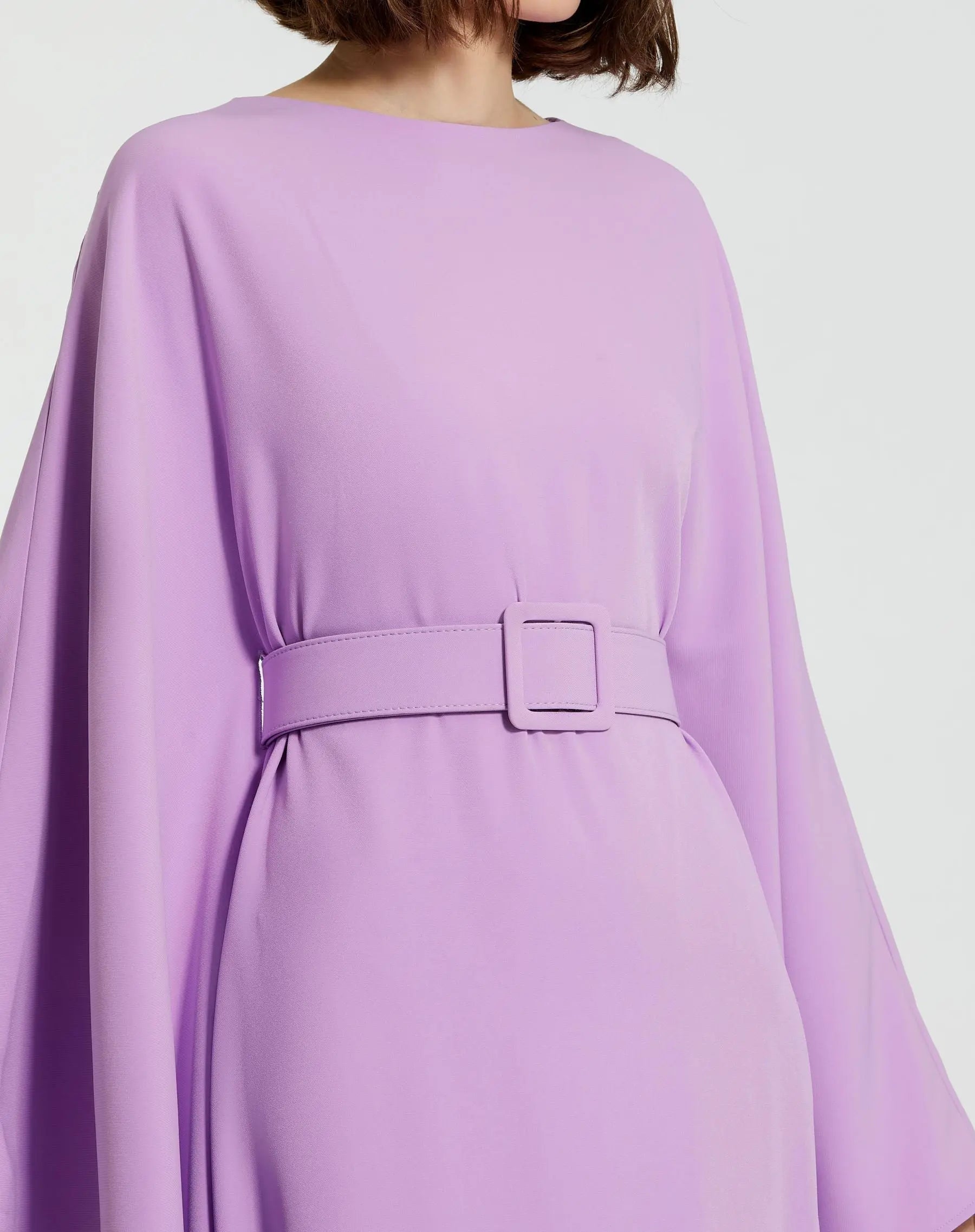Purple Crepe Boat Neck Kaftan Dress With Belt