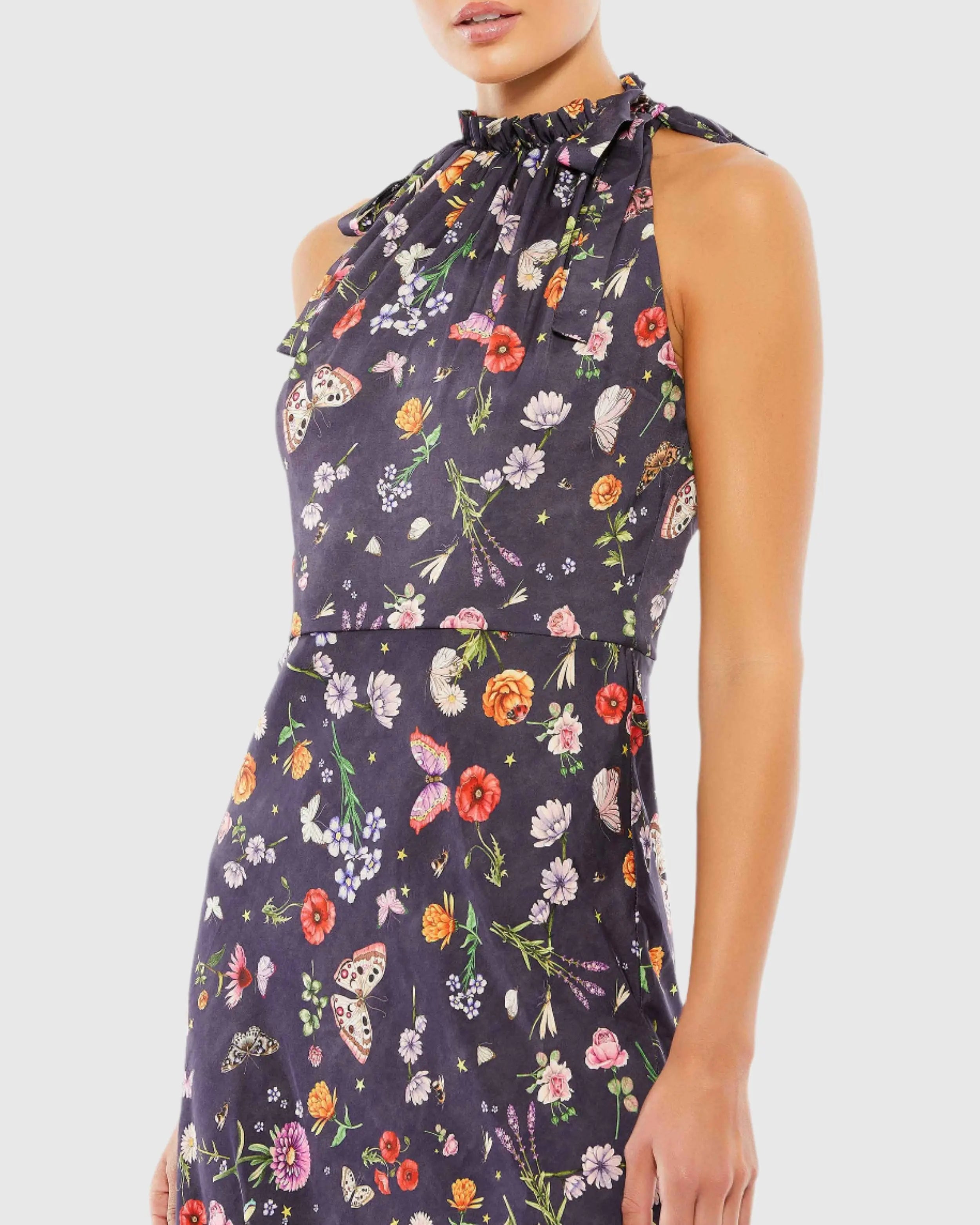 Purple Floral Print Tie Neck Midi Dress