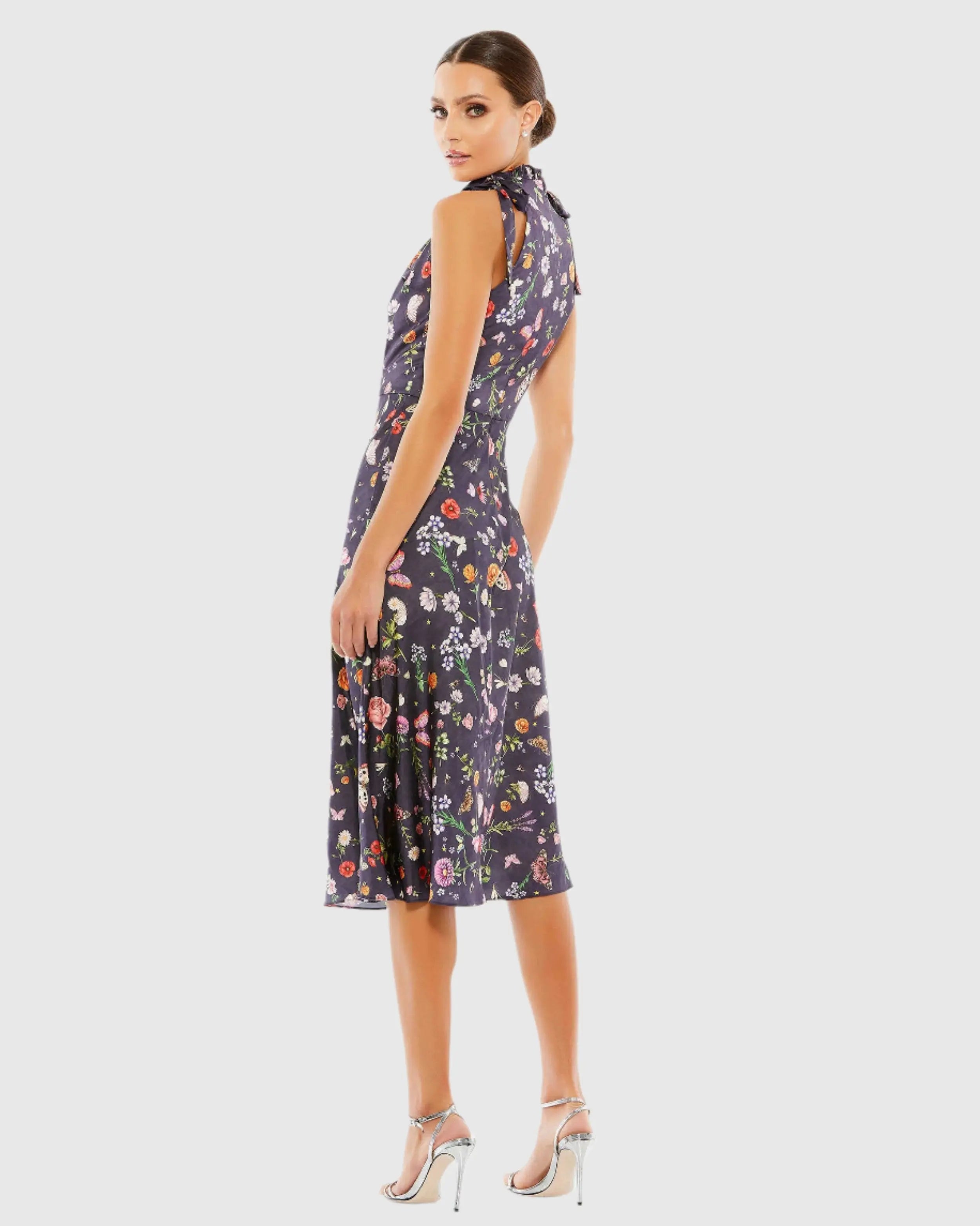 Purple Floral Print Tie Neck Midi Dress