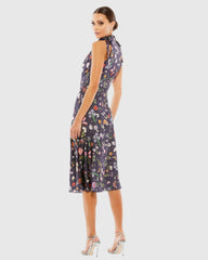 Purple Floral Print Tie Neck Midi Dress