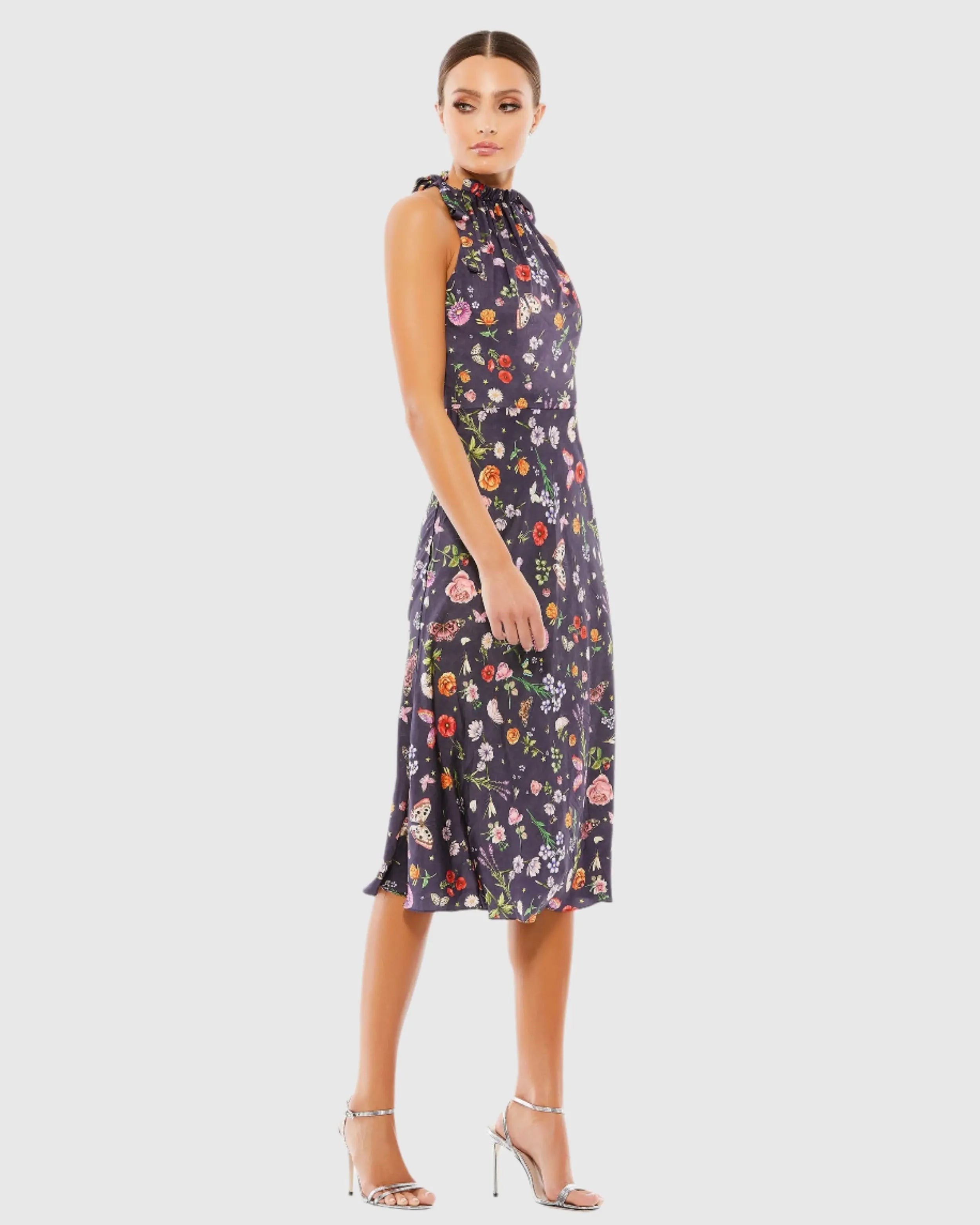 Purple Floral Print Tie Neck Midi Dress