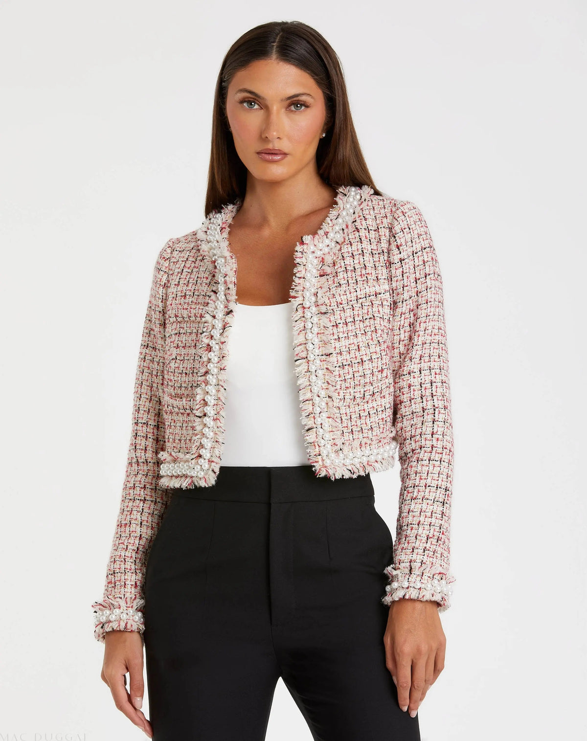 Multicolor Pearl Trim Long Sleeve Cropped Jacket