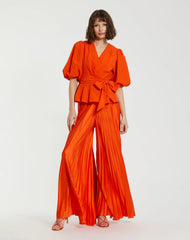 Orange Pleated Charmeuse Wide Leg Pants