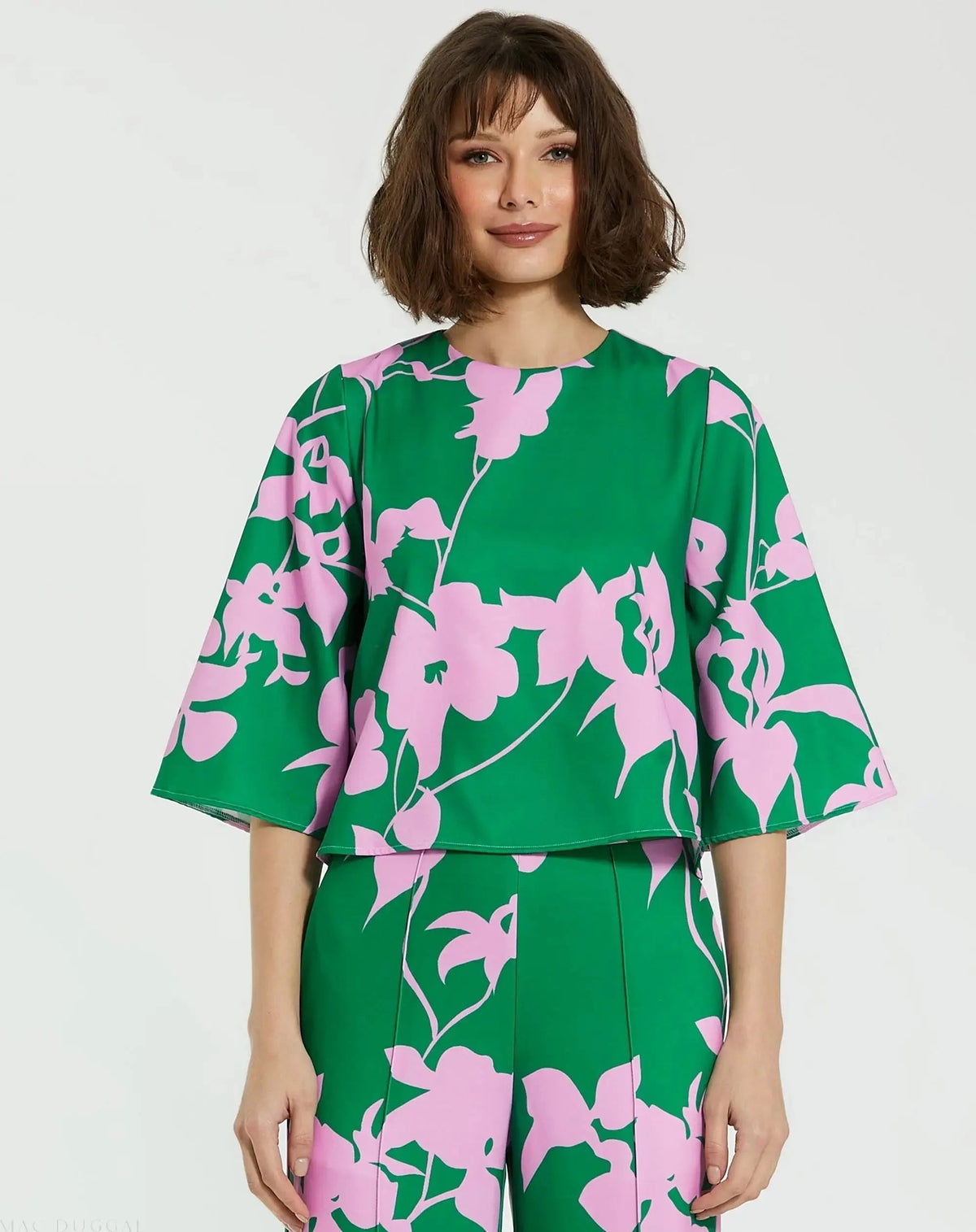 Green Printed Crepe 3/4 Bell Sleeve High Neck Top - FINAL SALE