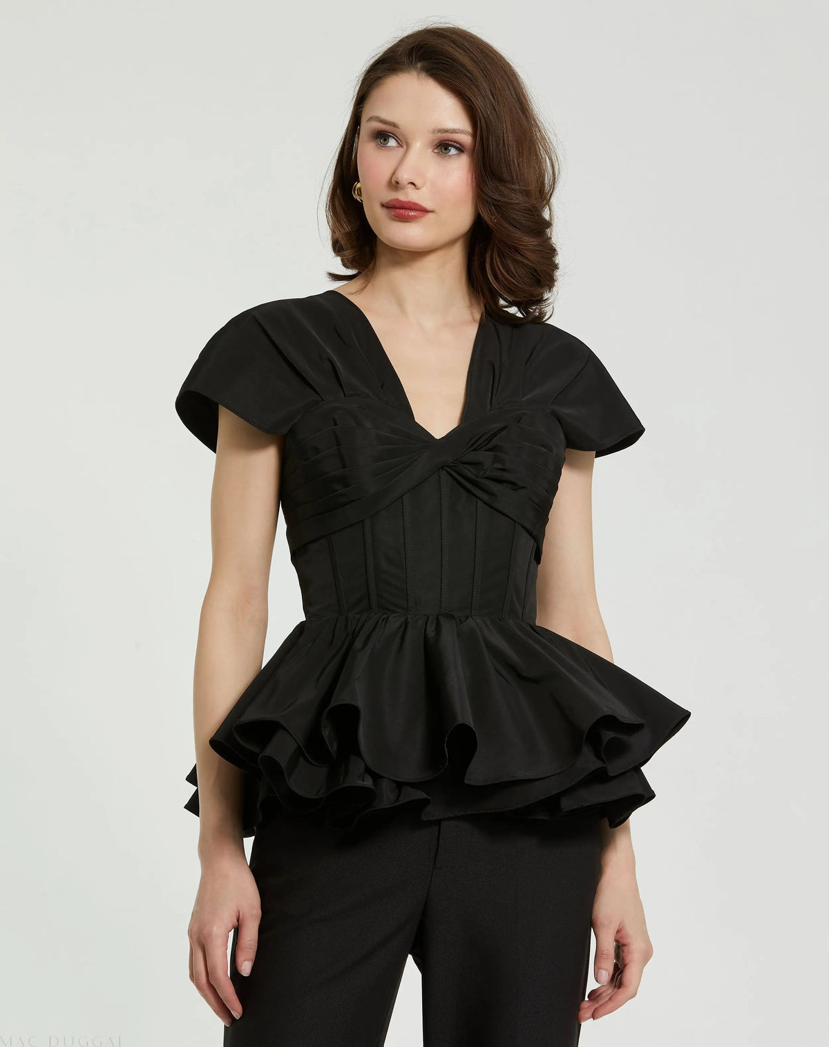 Black Faille Twist Bustier Peplum Top