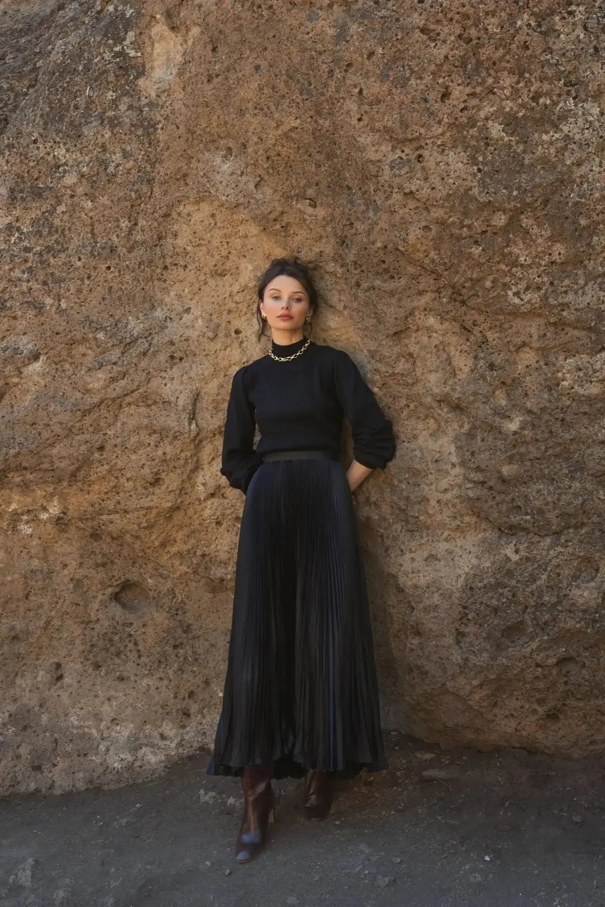 Black Ankle Length Satin Pleated Skirt