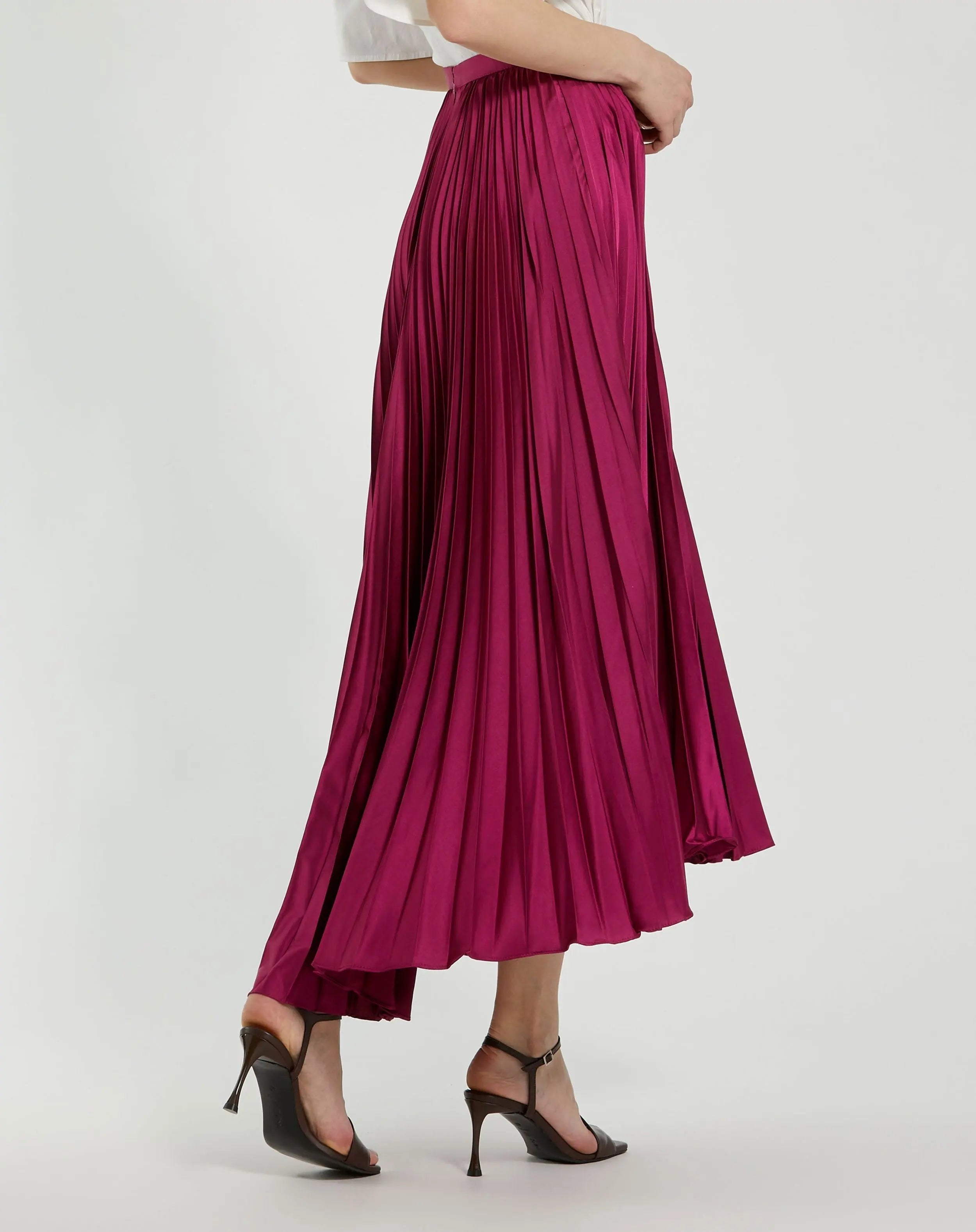 Purple Pleated Ankle Length Satin Pleated Skirt