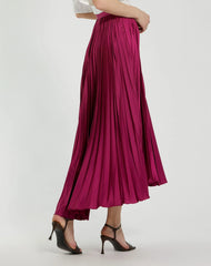 Purple Pleated Ankle Length Satin Pleated Skirt