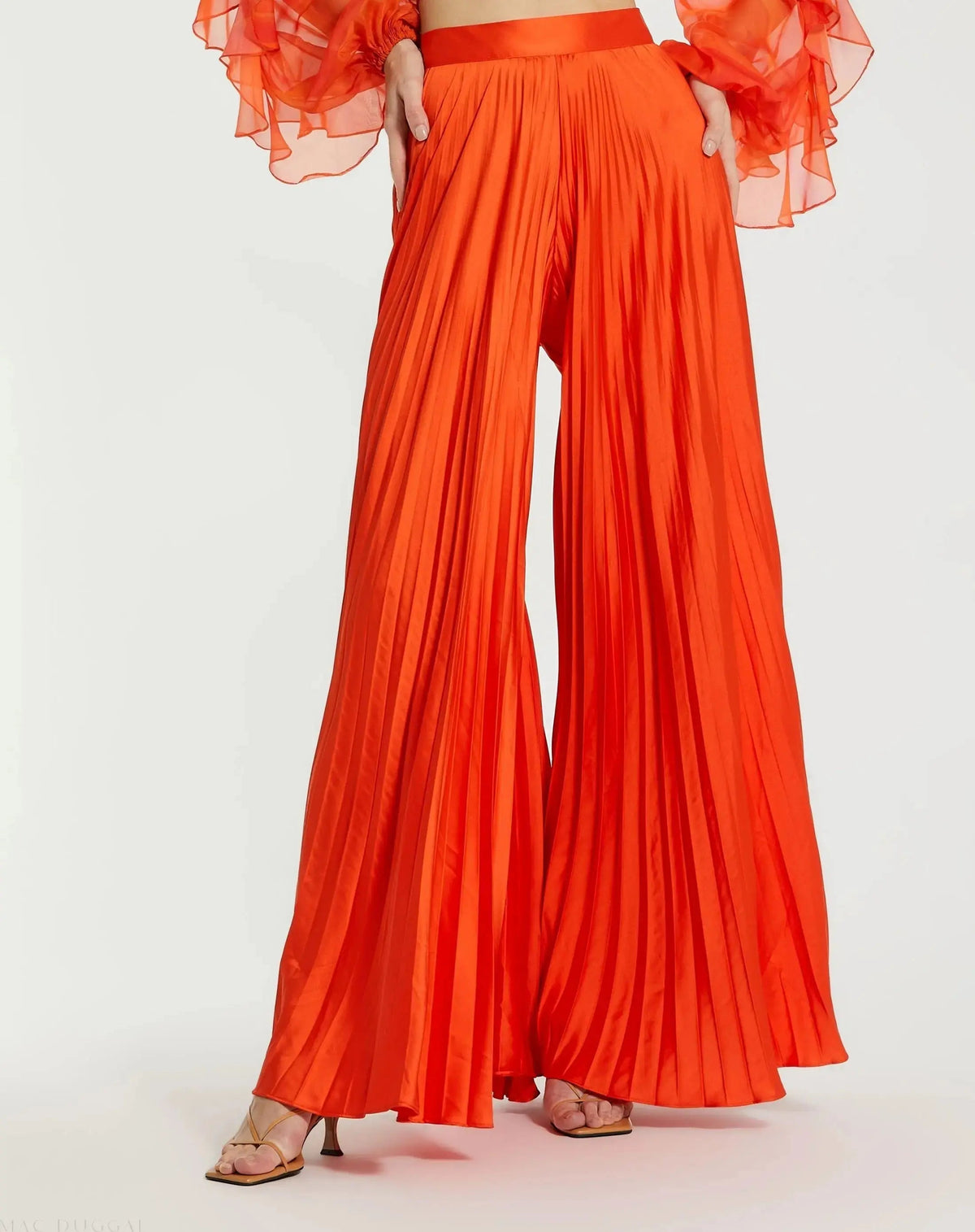 Orange Pleated Charmeuse Wide Leg Pants