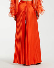 Orange Pleated Charmeuse Wide Leg Pants