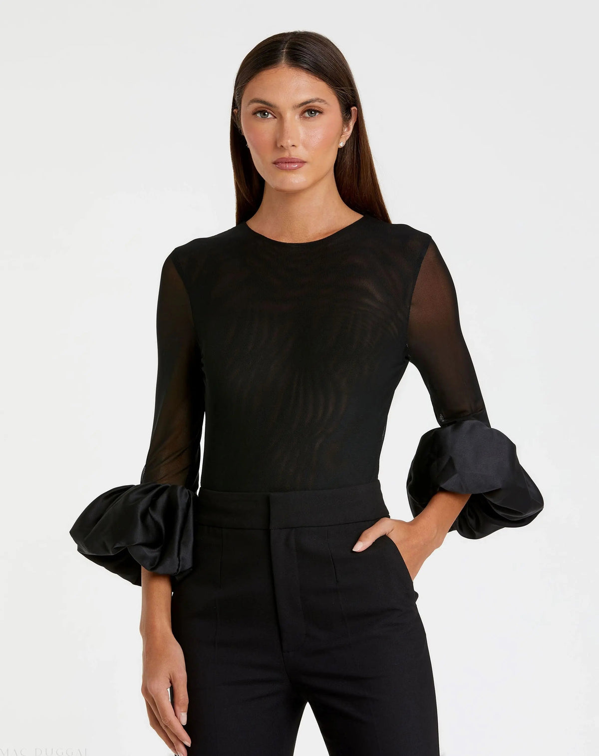 Black Mesh Long Sleeve Bodysuit With Satin Puff Sleeve - FINAL SALE