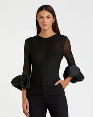 Black Mesh Long Sleeve Bodysuit With Satin Puff Sleeve - FINAL SALE