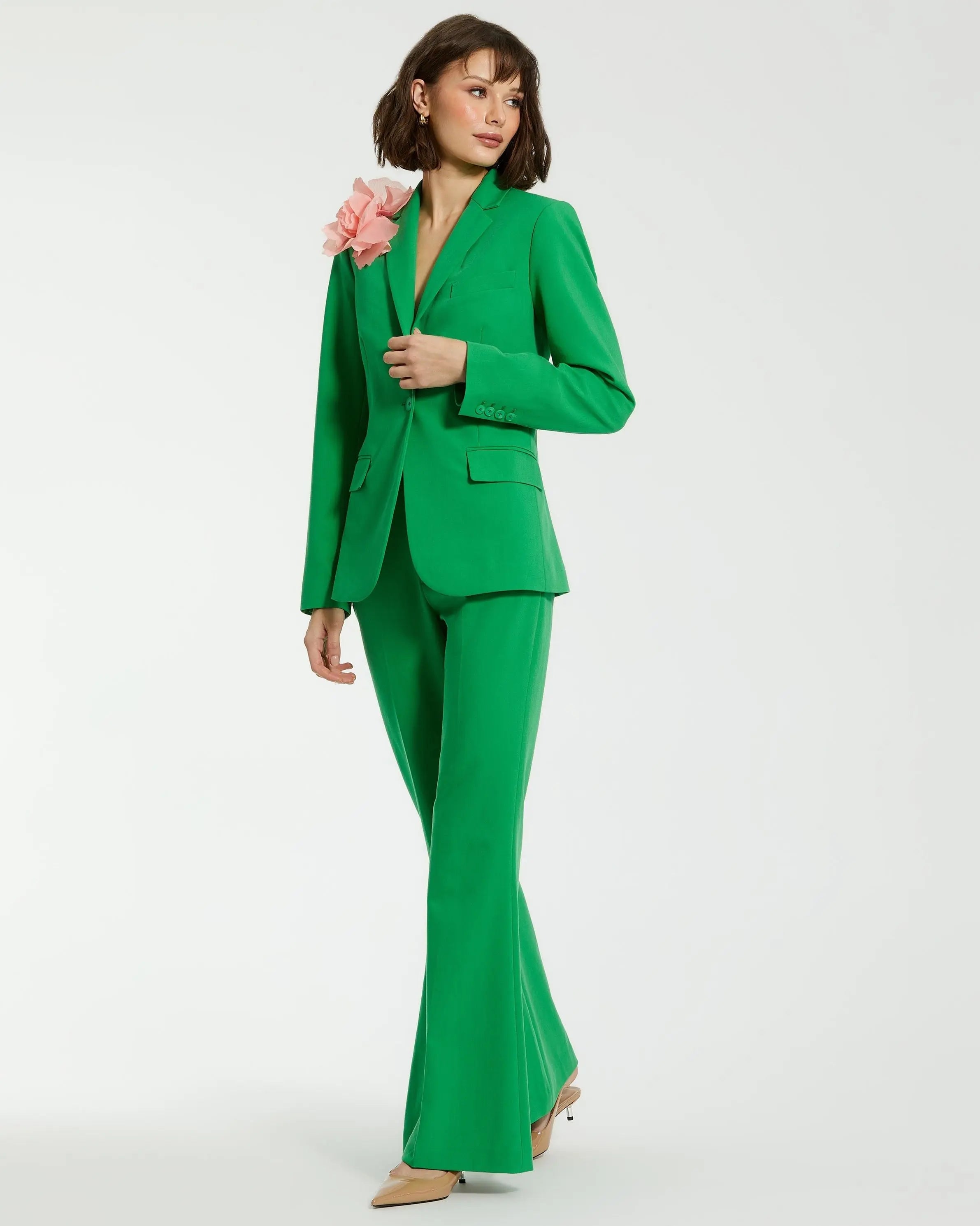 Green Classic Crepe Blazer Jacket With Flower
