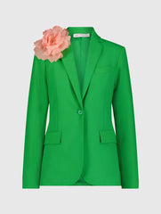 Green Classic Crepe Blazer Jacket With Flower