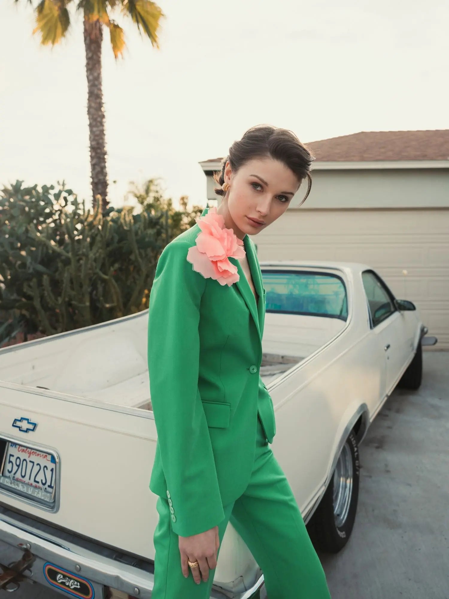 Green Classic Crepe Blazer Jacket With Flower