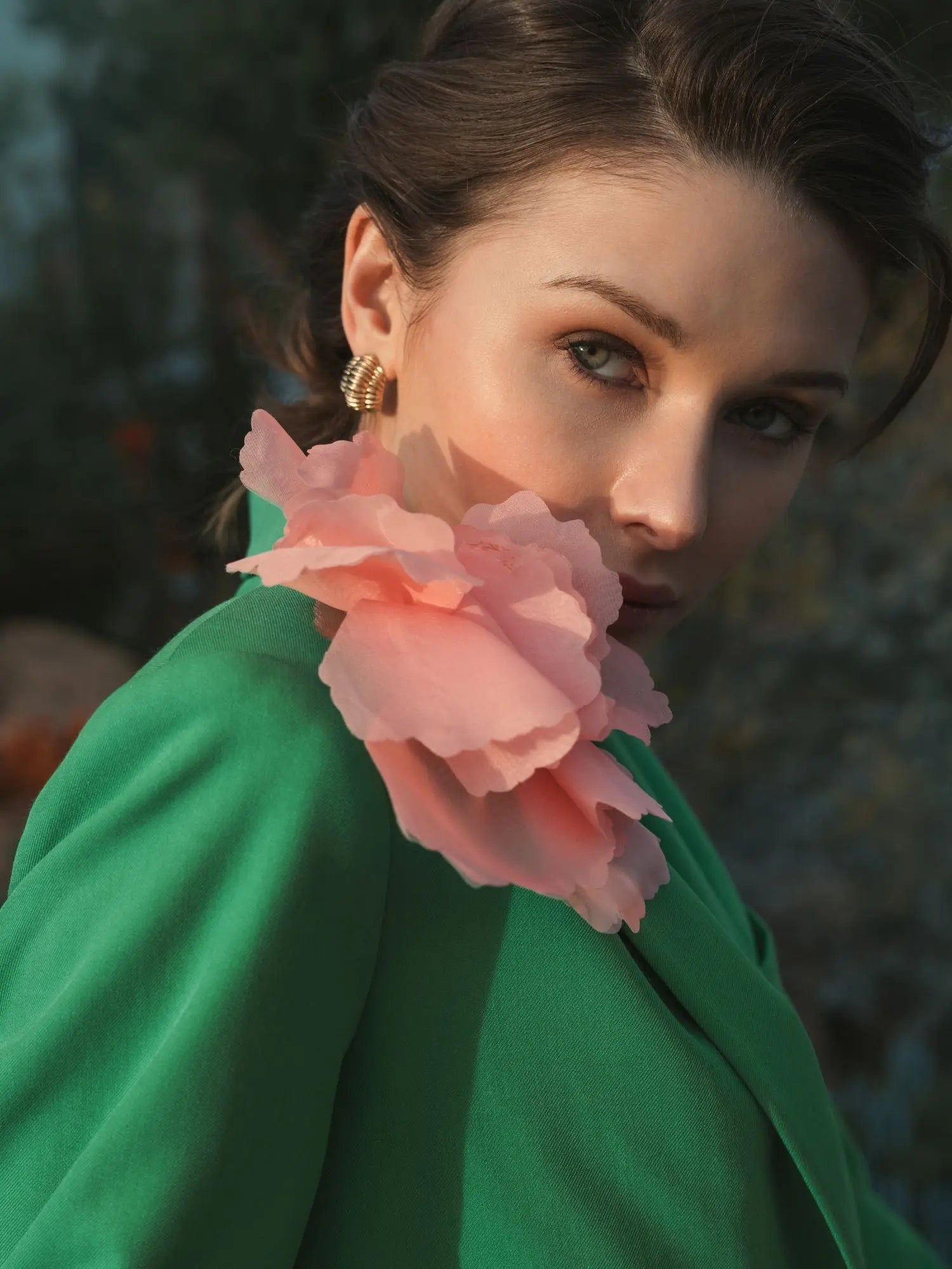 Green Classic Crepe Blazer Jacket With Flower