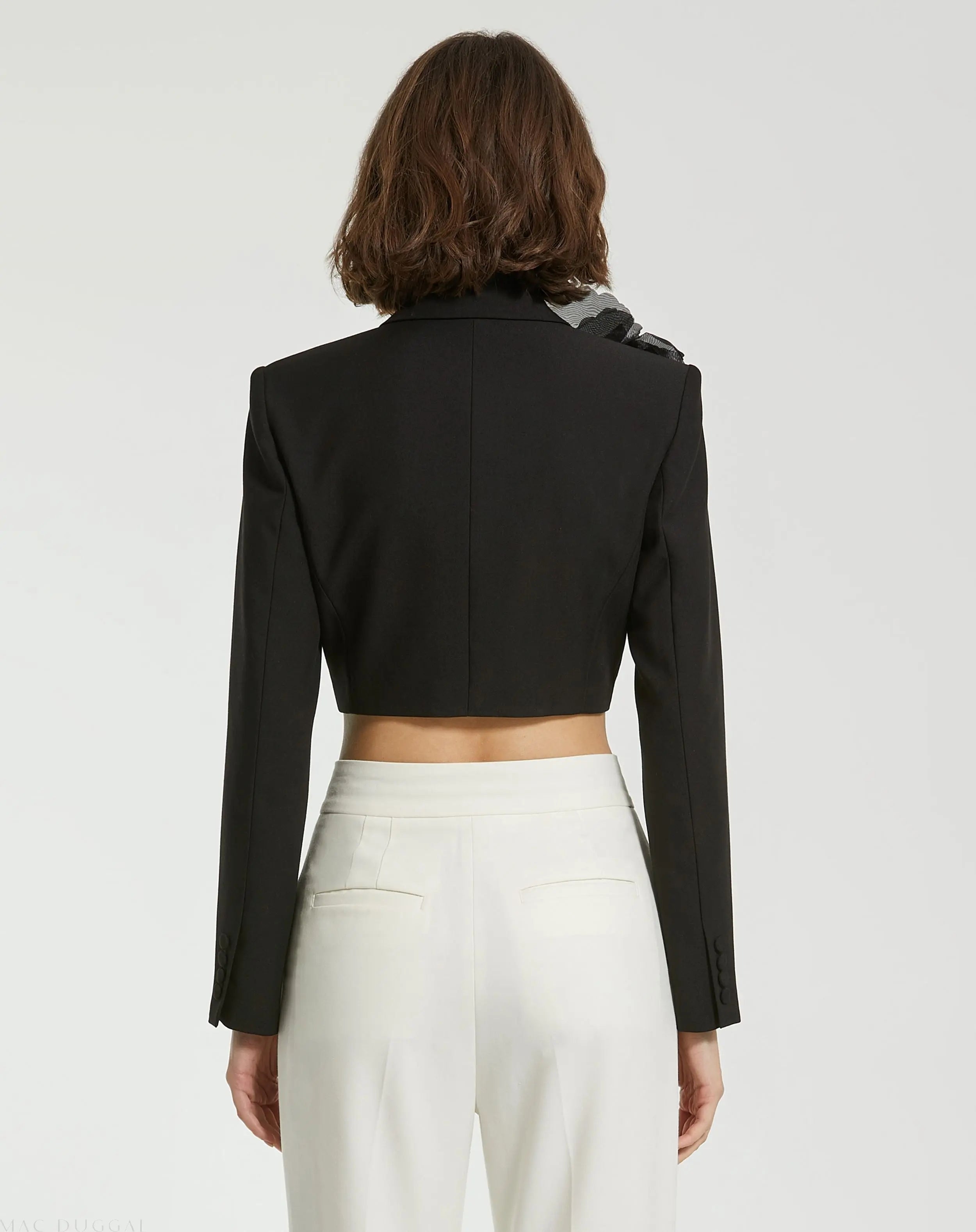 Black Notch Collar Crepe Cropped Tailored Blazer Jacket - Final Sale