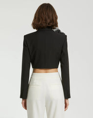 Black Notch Collar Crepe Cropped Tailored Blazer Jacket - Final Sale