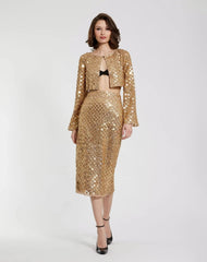 Gold Beaded Sequin Georgette Long Sleeve Cardigan