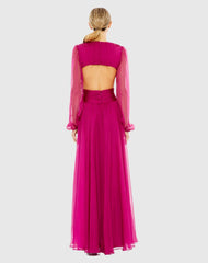Purple Ruched Cut Out Puff Sleeve A Line Gown