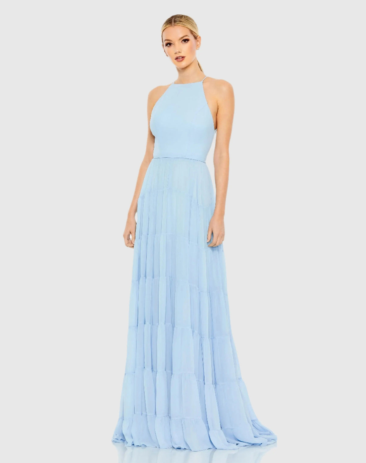 Blue Ruffle Tiered A Line Gown