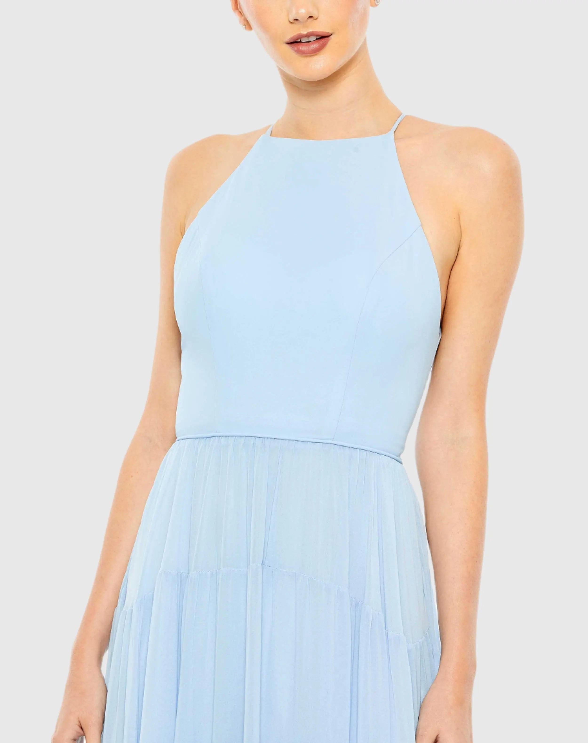 Blue Ruffle Tiered A Line Gown