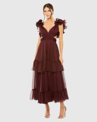 Dark Red Ruffle Tiered Cut-Out Chiffon Dress - FINAL SALE