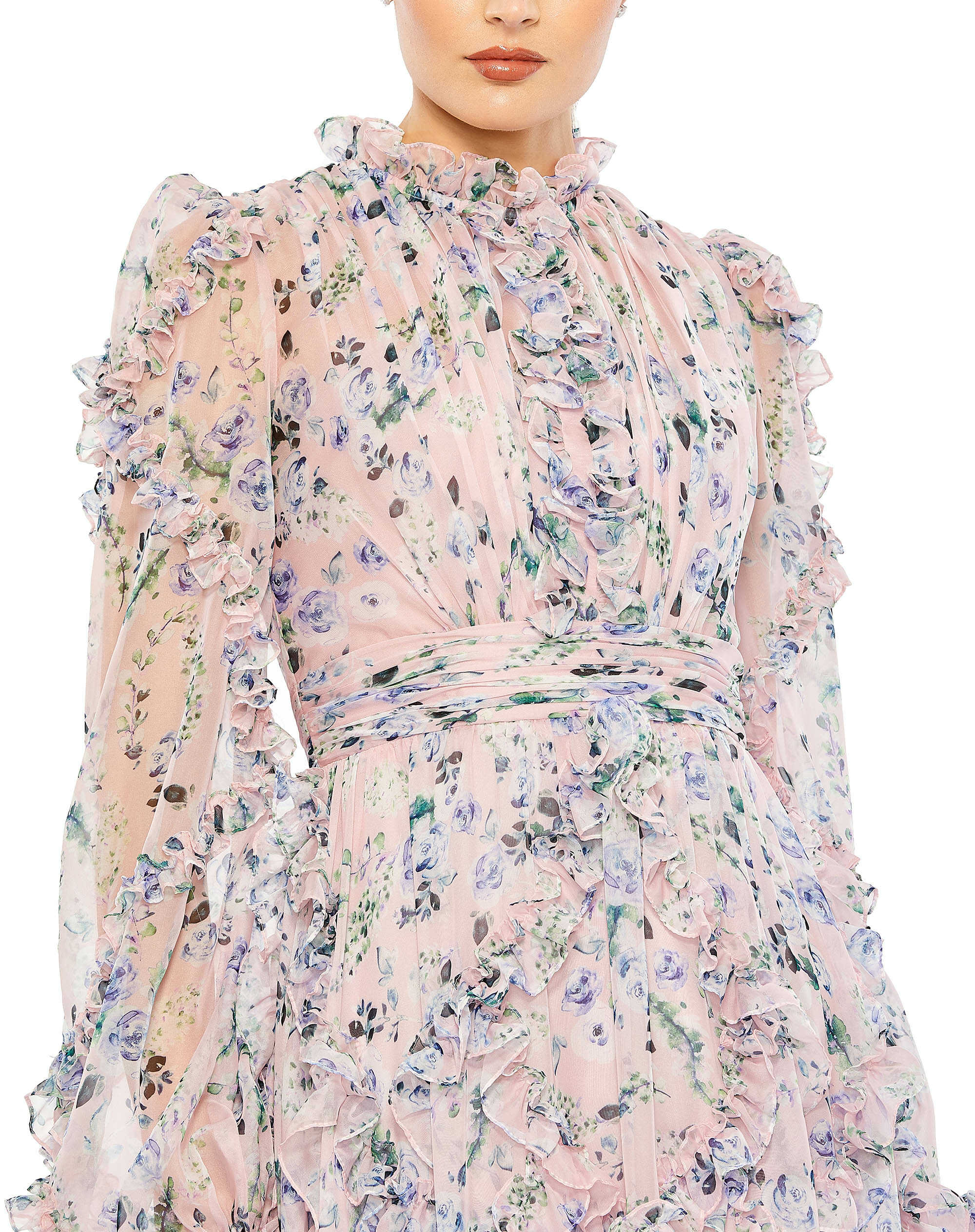 Light Pink Ruffle Tiered Puff Sleeve A Line Dress