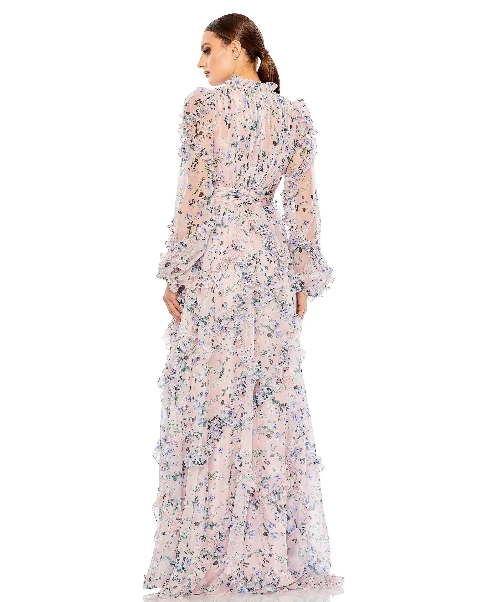 Light Pink Ruffle Tiered Puff Sleeve A Line Dress