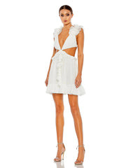 White Ruffled Cut-Out V Neck Mini Dress
