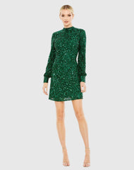 Green Sequin Open Back Bishop Sleeve Mini Dress