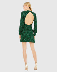 Green Sequin Open Back Bishop Sleeve Mini Dress