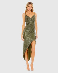 Green Sequined Faux Wrap Asymmetrical Hem Dress