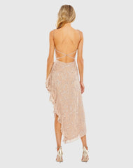 Beige Sequined Faux Wrap Ruffled Asymmetrical Hem Dress