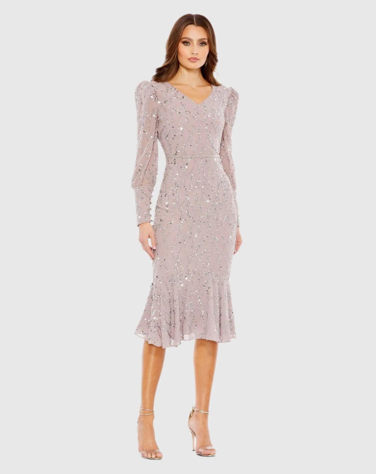 Purple Sequined V Neck Illusion Long Sleeve Trumpet Dress