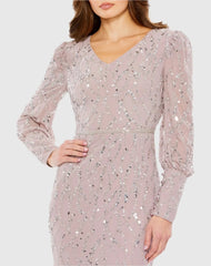 Purple Sequined V Neck Illusion Long Sleeve Trumpet Dress