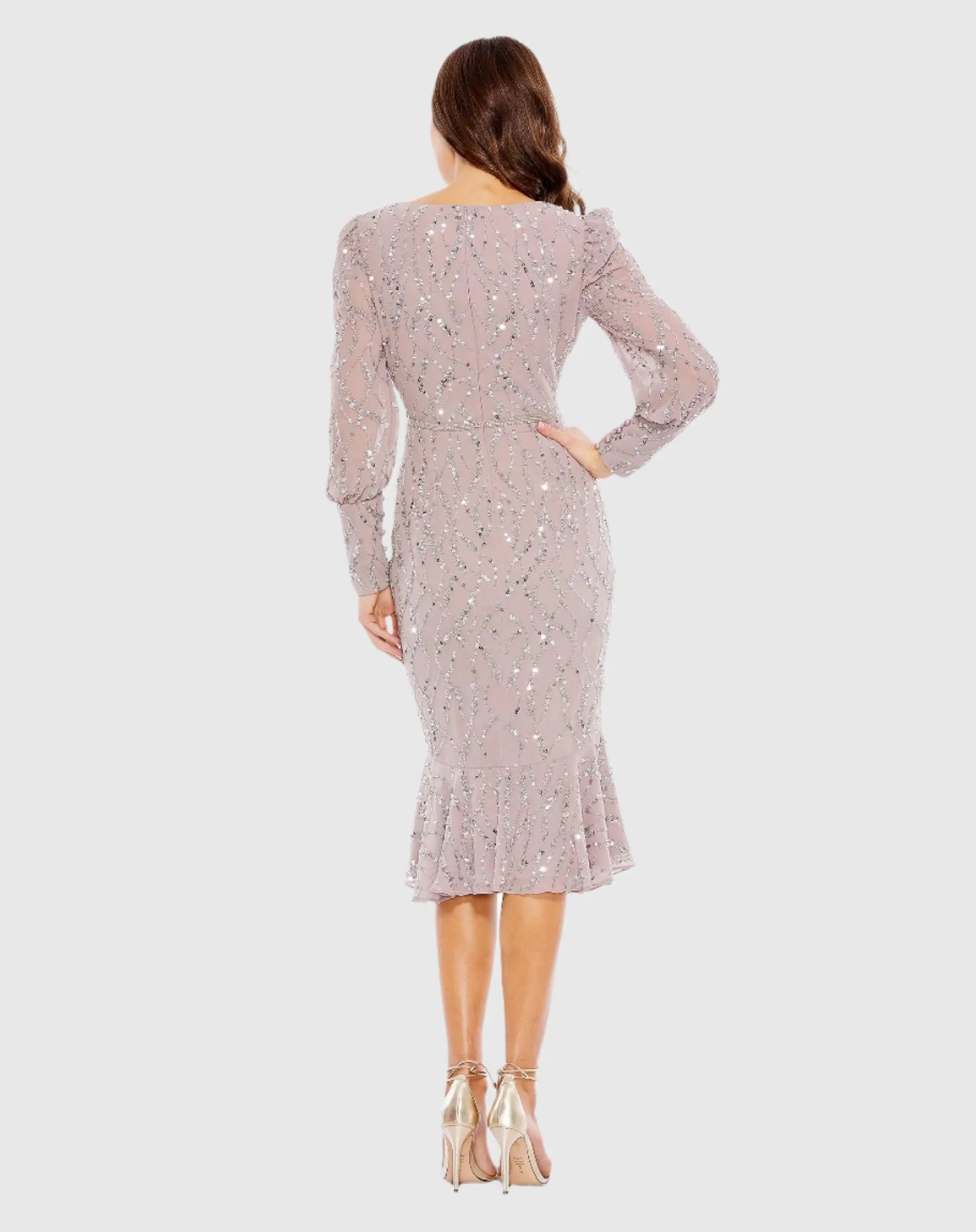 Purple Sequined V Neck Illusion Long Sleeve Trumpet Dress