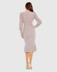 Purple Sequined V Neck Illusion Long Sleeve Trumpet Dress