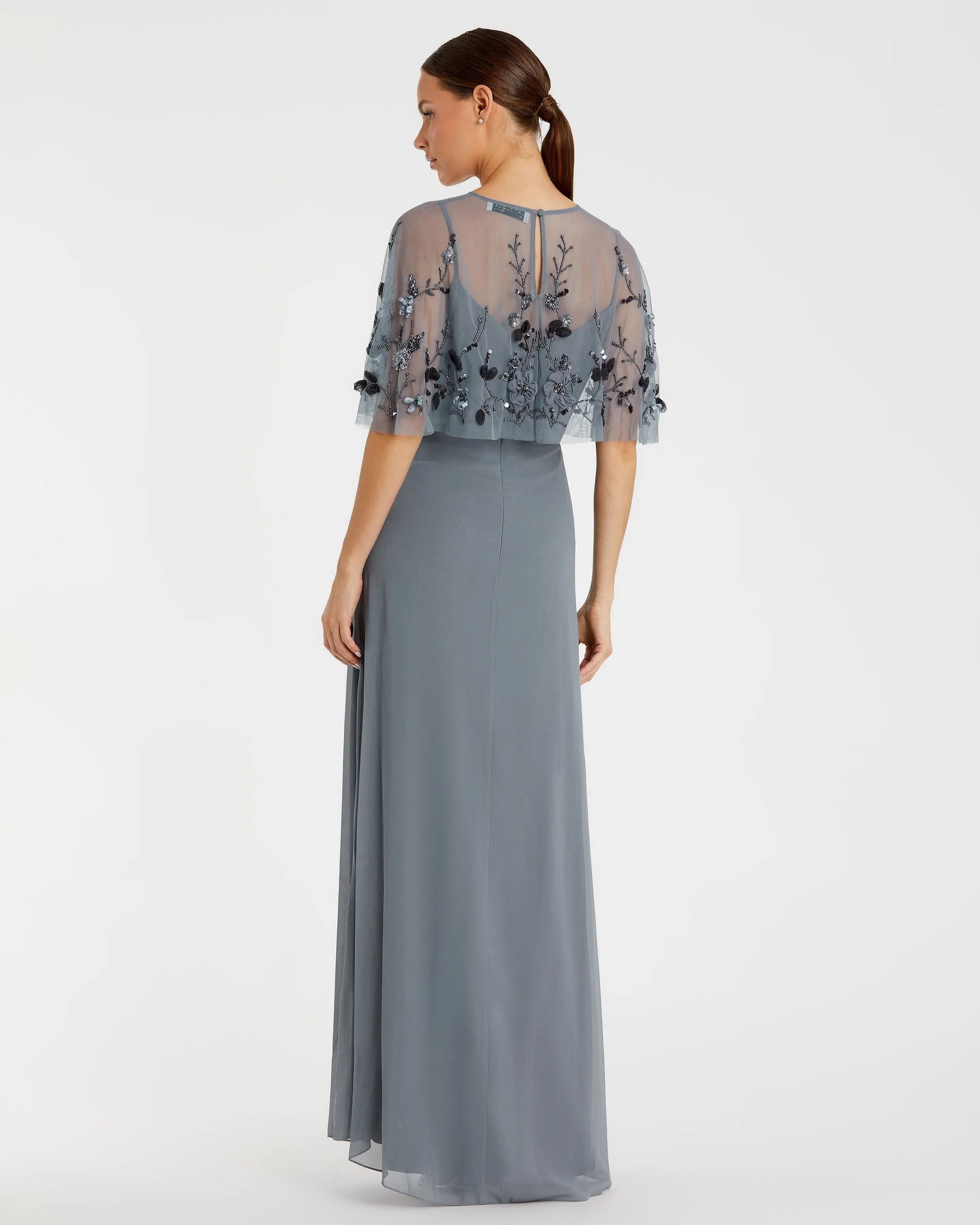 Gray Sleeveless Gown With Embellished Cape