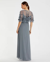 Gray Sleeveless Gown With Embellished Cape