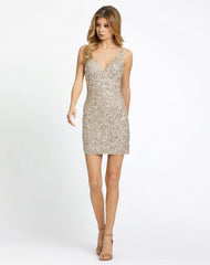 Silver and Gold Sleeveless Sequin V-Neck Mini Dress