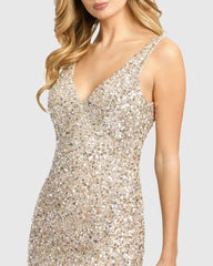 Silver and Gold Sleeveless Sequin V-Neck Mini Dress