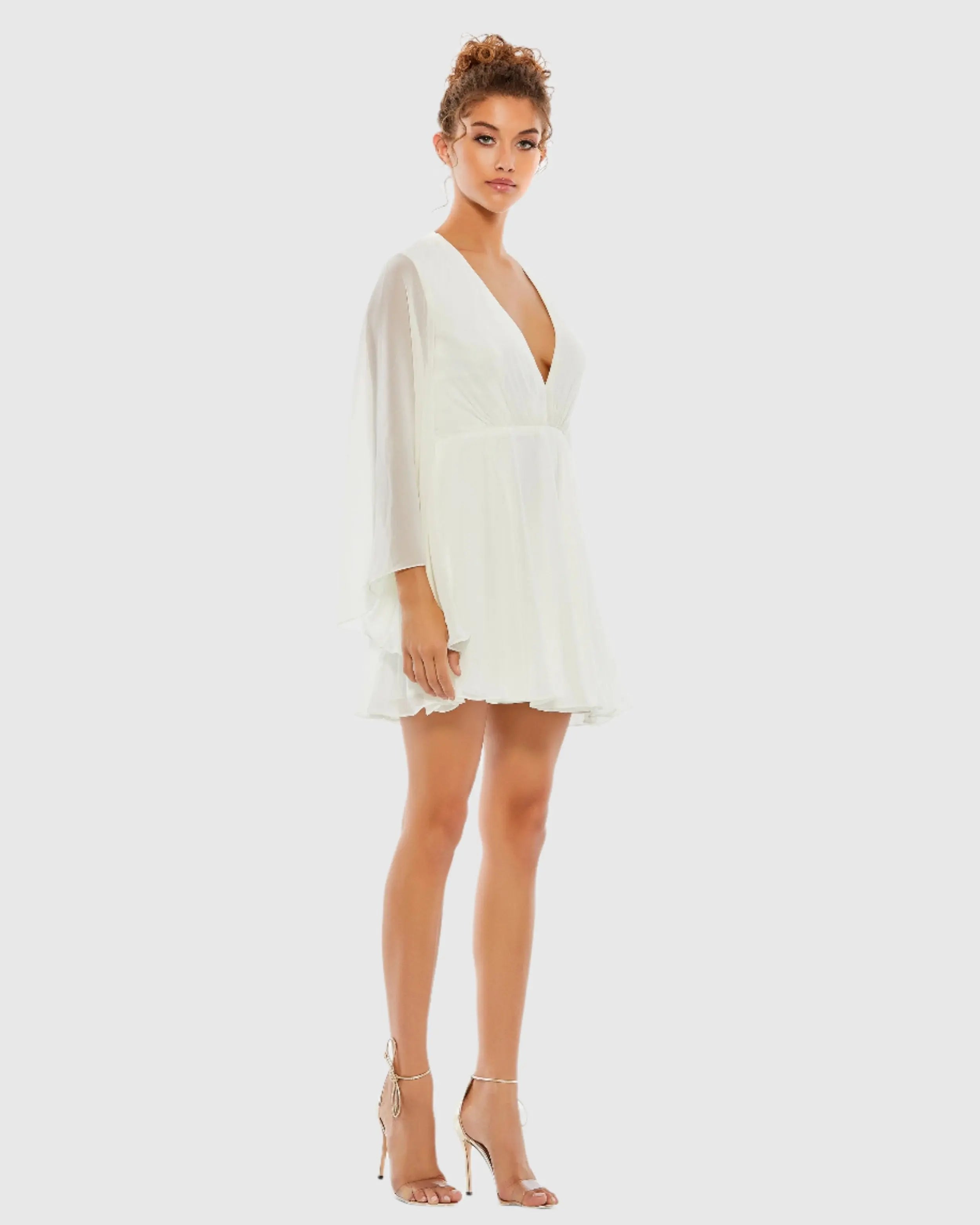 White Solid Flowy V Neck Illusion Sleeve Mini Dress