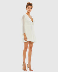 White Solid Flowy V Neck Illusion Sleeve Mini Dress