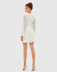 White Solid Flowy V Neck Illusion Sleeve Mini Dress